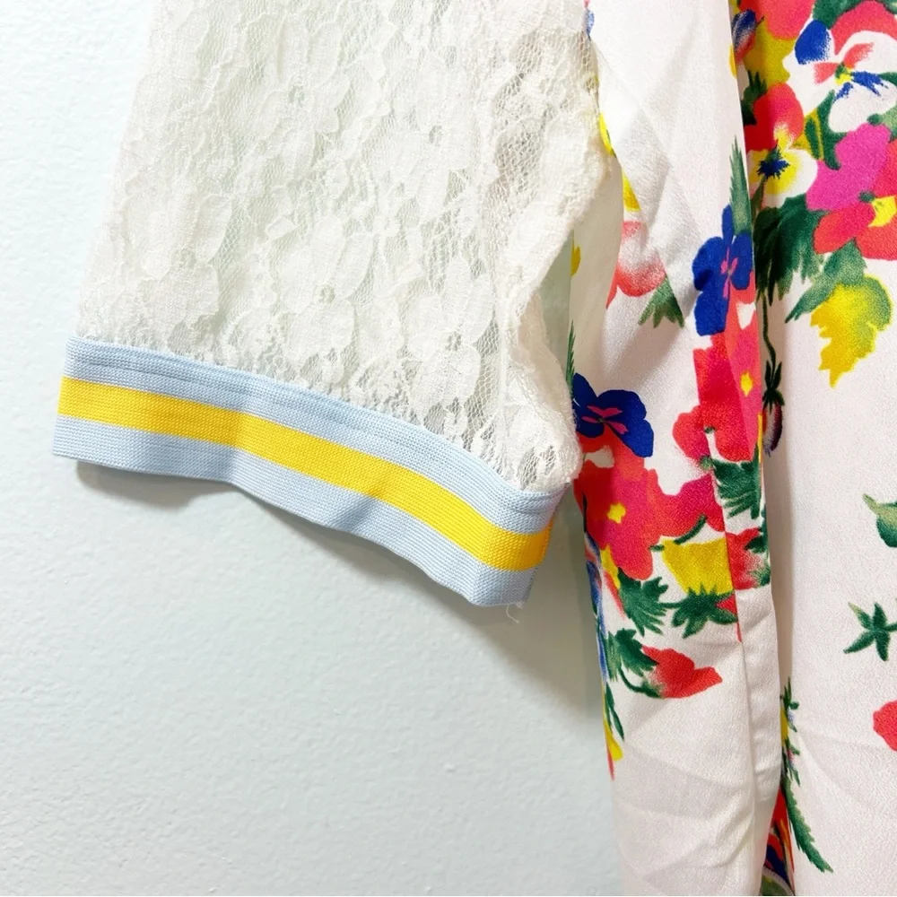 Topia Cream Red Light Blue HiLow Blouse Girly Blokecore Trim & Lace 3/4 Sleeves - Picture 3 of 16